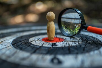 Magnifying glass focus on target icon with human shaped wooden doll for customer focus group and...