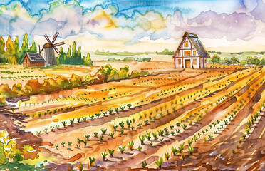 Pastoral Paradise, Watercolor Windmill Amidst Sun-Kissed Fields, Perfect for Children Storybook Illustration, Eco-Friendly Living Publications, and Rural Tourism Advertising, Banner, Background, Card - obrazy, fototapety, plakaty