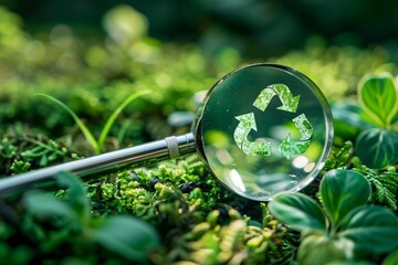 Magnifying glass with reduce CO2 emissions carbon symbol on green background for climate change to limit global warming and sustainable development and green business concept - obrazy, fototapety, plakaty
