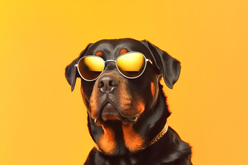 Cool rottweiler in sunglasses looking up on yellow background. Creative funny banner template for summer vacation sale grooming service concept
