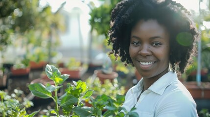 A successful black businesswoman partnering with local environmental organizations to host community cleanup events and tree planting initiatives through her garden center. - obrazy, fototapety, plakaty