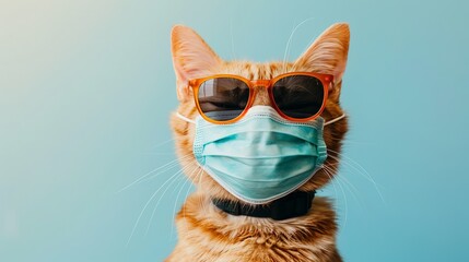 A ginger cat looks straight at the camera while wearing sunglasses and a face mask, against a light cyan background.