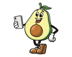 Avocado holding gadget cartoon mascot illustration character vector clip art hand drawn