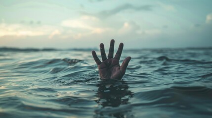 Dramatic view of human hand drowning in river water need help. AI generated image - obrazy, fototapety, plakaty