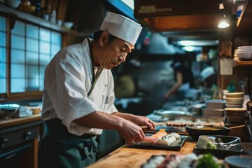Asian chef preparing Japanese food in a restaurant. AI generative.