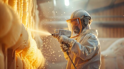 Insulation expert spraying foam, midday light, front view, sharp focus on technique , vivid detail