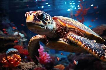 minimalistic design underwater coral reef with colorful fish and turtle