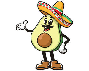 Avocado wearing sombrero cartoon mascot illustration character vector clip art hand drawn
