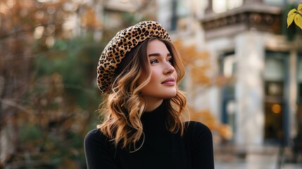 A fashionable woman exudes grace in a black turtleneck, leopard print beret, and impeccable style.