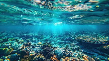 Naklejka na ściany i meble Clear undersea ocean with blue clean water exotic background. AI generated image