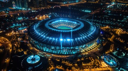 Aerial outdoor view illuminated football Stadium at night. AI generated image