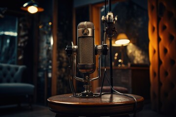Microphone, A recording studio with a vintage microphone as a center-piece, Ai generated