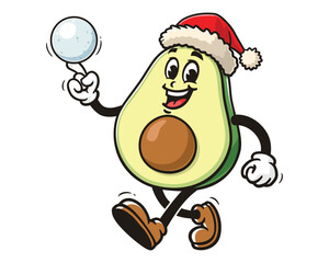 Avocado wearing Christmas hats and playing snowballs cartoon mascot illustration character vector clip art hand drawn