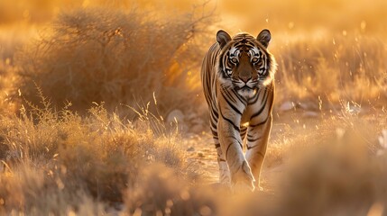A majestic male tiger strolls through its natural habitat in India during the golden hour. The beautiful tiger, Panthera tigris, navigates the dry landscape during the hot summer months.