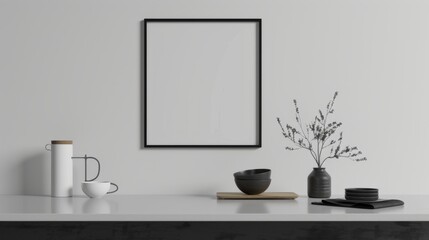 A minimalist kitchen interior, with clean lines and a large blank photo frame as an artistic focal point above a modern kitchen island.