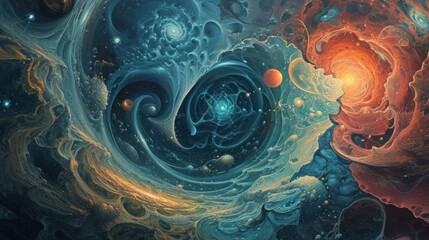 Rotating colorful galaxy with planets and stars. It looks abstract, like something out of a sci-fi movie.