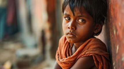 A young Indian boy in an orange scarf leans against the wall and looks at the camera.