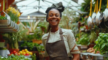 A successful black female owner of a garden center partnering with local chefs to host farm-to-table dining experiences, showcasing fresh ingredients grown on-site.