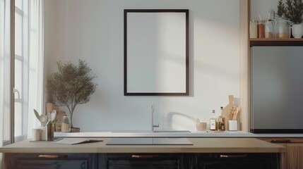 A minimalist kitchen interior, with clean lines and a large blank photo frame as an artistic focal point above a modern kitchen island.