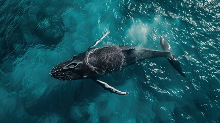 Fototapeta premium A small humpback whale frolics near the ocean's surface, its sleek body gliding through the crystal-clear water.