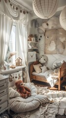 Fototapeta na wymiar Boy's room, room for a little boy with toys, bed and table in beige colors