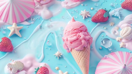 minimalistic scene of a melted strawberry ice cream with pastel colored beach accessories