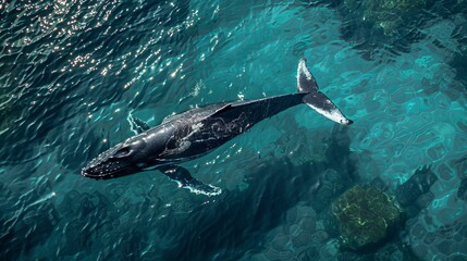 A small humpback whale frolics near the ocean's surface, its sleek body gliding through the crystal-clear water.