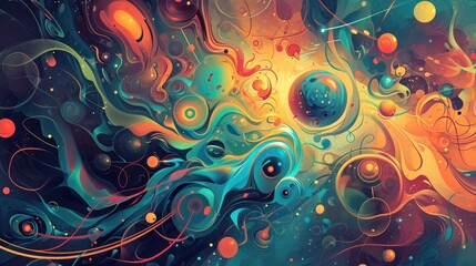 A colorful abstract painting with swirling shapes and lines, as well as circles of different sizes and colors. The background is a gradient of blue, red and yellow.
