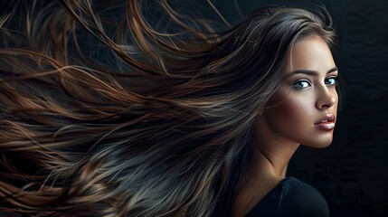 A striking image of a gorgeous brunette woman with long, flowing hair. - obrazy, fototapety, plakaty
