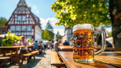 Beer on Wooden Table Biergarten Traditional Culture Beautiful Day. AI generated illustration