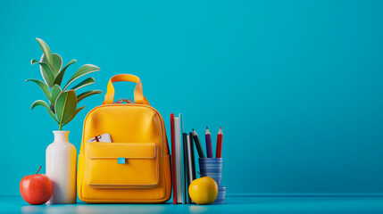 composition back to school. Yellow school backpack, pens, pencils on a blue background, copy space