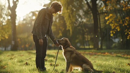 A young man is standing outdoors with a labrador. The man is on a green grass and is petting the...