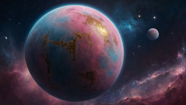 A shimmering, ethereal planet painted in soft pastels, reminiscent of an old-fashioned watercolor masterpiece.