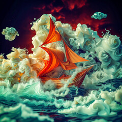 Animated paper boat journey, whimsical creatures and nautical wonders beneath the waves © weerasak