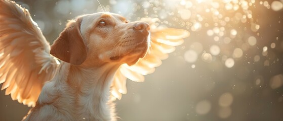 Labrador Retriever dog with angel wings in the sky. Concept Dog, Labrador Retriever, Angel Wings, Sky, Pet Portrait - obrazy, fototapety, plakaty