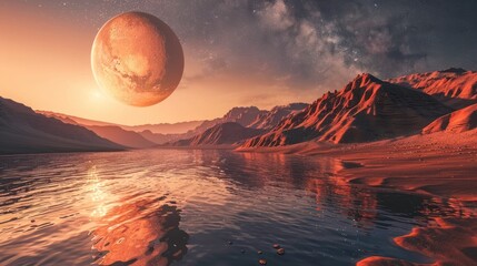 Fantasy planet Mars with mountains and water at sunset with starry sky landscape. AI generated