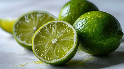 Fresh ripe limes with water drops background