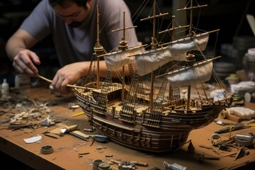 Construction  model ship, The construction of an intricate model ship, Model ship builder as he...