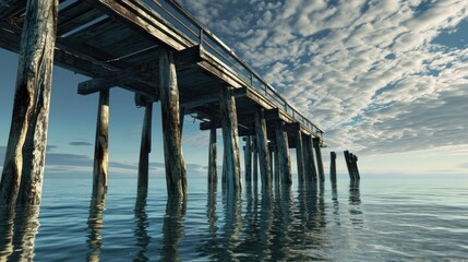 A weathered wooden pier stretches out over calm water, its supports visible at the water's surface. The sky is blue with scattered clouds. - obrazy, fototapety, plakaty
