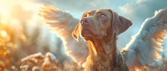 Angel Labrador Retriever in the Sky. Concept Pet Portraits, Angel Wings, Labrador Retriever, Sky Background - obrazy, fototapety, plakaty