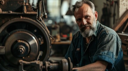 An elderly man with a beard works on machines in a workshop. He is dressed in work clothes. The room is filled with various tools and mechanisms. - Powered by Adobe