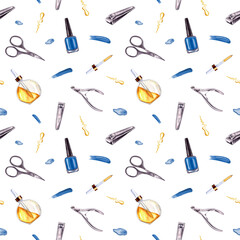 Manicure instruments with splashes. Nail blue polish, trimmer, cuticle scissors, clippers. Glass Vial with cosmetic oil. Seamless pattern on white. Watercolor illustration for package, textile