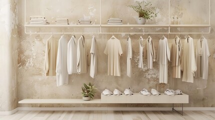 Beige clothing items on display in a store or bedroom, with a grunge background and a cream-colored shelf.