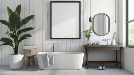 An elegant, minimalist bathroom, featuring a large blank photo frame above a minimalist vanity, creating a sophisticated and tranquil atmosphere.