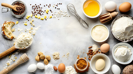 Fototapeta na wymiar Baking ingredients, eggs, flour, sugar, cinnamon, cooking background