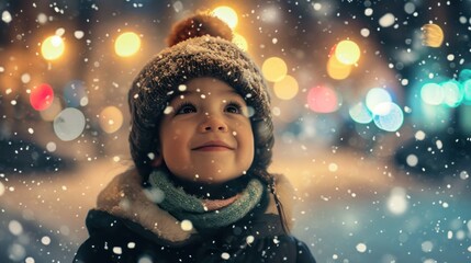 A child wearing a winter hat and scarf looks up at the falling snow. The background features...