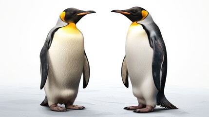 Fototapeta premium Two penguins standing next to each other on a white surface. They are facing each other. The background is white.