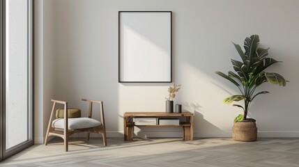 An entryway with a welcoming vibe, featuring a blank photo frame on a wall adorned with minimalist decor pieces.