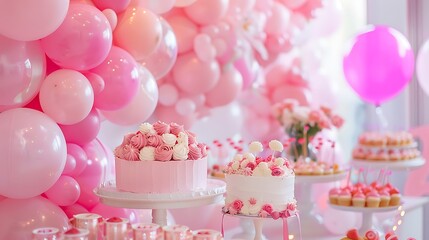 Pink decor of the birthday party with ballons and cake