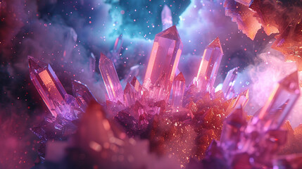 Hyper-detailed crystal formations floating in a dreamlike space, offering a touch of mystique. 